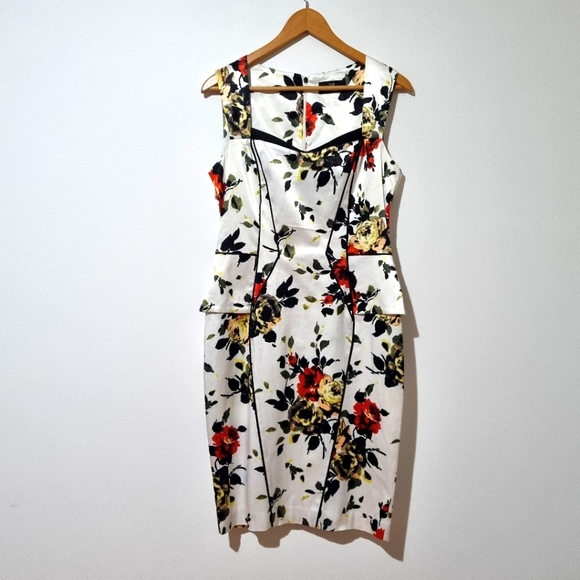 Cue Dresses & Skirts - Cue Size 12 White Satin Peplum Floral Pencil Dress